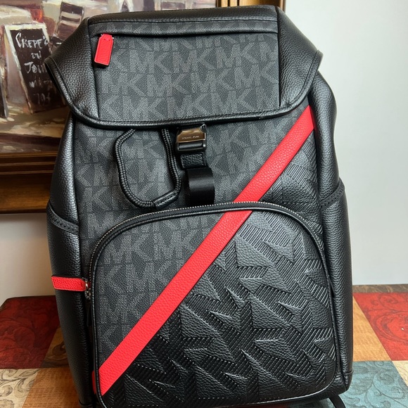 Michael Kors Mens Cooper Embossed Faux Leather and Logo Stripe Backpack - Picture 1 of 7